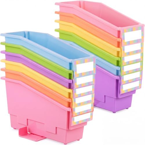 Geetery 12 Pack Non-Tip Book Bins with Stabilizer Wings,lables, Pastel by Geetery