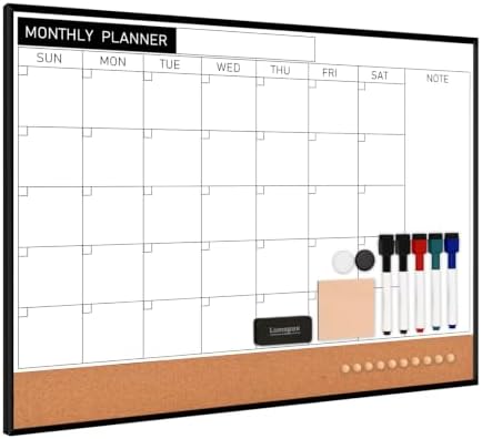Dry Erase Calendar with Cork Board for Wall | 24"x18" Whiteboard Calendar with Aluminium Alloy Frame, Magnetic Monthly Wall Calendar for Home Office Planner Memo by Lumspax