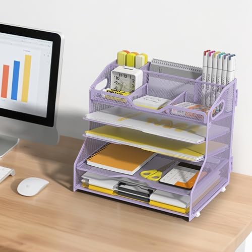 YINGHUA 5-Tier Mesh Desk Organizer, Letter Tray - Purple - Image 6