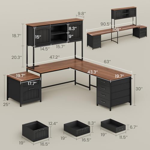 SEDETA Reversible Farmhouse L Shaped Office Desk with 6 Drawer, Hutch - Image 3