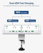 Jgstkcity 90W Desk Clamp Power Strip,12 USB Ports (6 PD 45W USB-C),Surge Protector,ETL Listed Power Hub Extension Cord,Fast Charging Station for Home Office Desk Edge Mount (White, 12 USB-90W) - Image 6