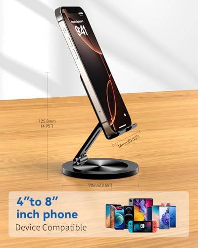 Phone Stand for Desk, 360° Rotating Dual Adjustable Foldable Cell Phone Holder, Heavy Solid All-Aluminum Base Anti-Slip Stable Support for Home Office Study, Fits iPhone Galaxy 4-8" Phones - Image 7