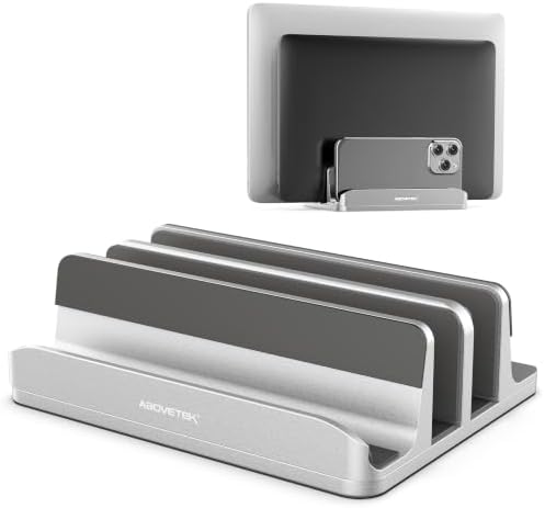 AboveTEK Vertical Laptop Stand, 3 Slots Aluminum Desk Laptop Holder & Laptop Docking Station Stand for MacBook, Tablet, Phone - Universal Fit (Up to 17.3") - Heavy Duty Polished, Anti Slide - Silver by AboveTEK