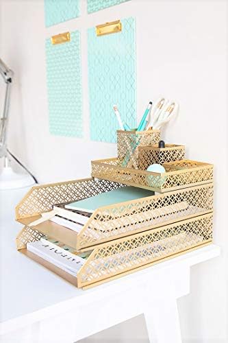 BLU MONACO | Gold Desk Organizer Set for Women 6 Piece | Mail Sorter Organizer Countertop with Letter Sorter for Desk | Steel Desktop Organizer with Mesh Pen Holders - Image 4