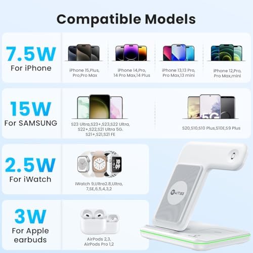 WAITIEE Foldable Wireless Charger for iPhone 17 16 15 14 13 12 11 X 8, 3 in 1 Charging Station for Apple Watch & for AirPods(White) - Image 3