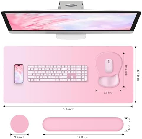 4-in-1 Large Gaming Mouse Pad, Keyboard Wrist Rest Pad & Wrist Support Mousepad Set, Extended Desk Pad Waterproof Desk Mat for Girl Women Home Office Decor Study Game 35.4×15.7 Inches I Soft Pink - Image 3