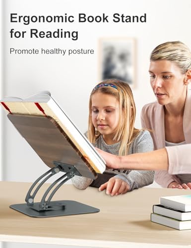 Tounee Book Stand for Reading, Adjustable Book Holder with 360° Swivel Base, Foldable Cookbook Stand Recipe Book Holder with Elastic Page Clips for Music Scores, Recipe, Tablet, Laptop-Gray - Image 2