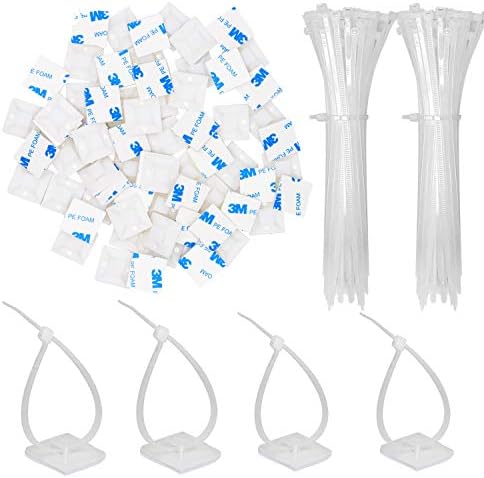 50 Pack 1.5 inch Zip Tie Adhesive Mounts Self Adhesive Cable Tie Base Holders with Multi-Purpose Tie wire clips with screw hole,Anchor stick on wire holder with 8 inch zip ties（White） by Rythcraft