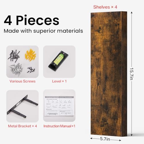 BAYKA Rustic Brown Floating Shelves 15.7in, Set of 4, Wall Mount Wood Shelf - Image 3