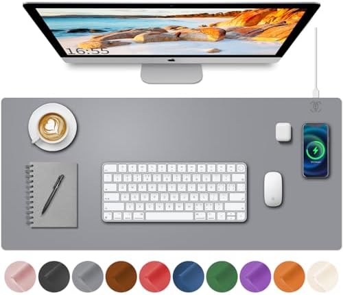 Desk Mat with Wireless Charging, Grey Mouse Pad with Wireless Charger, Desk Pad Matt for Desktop, Mousepad Gaming Large Mouse Pad, Leather Compute for Keyboard and Mouse, 32" x 16" by HopeLum