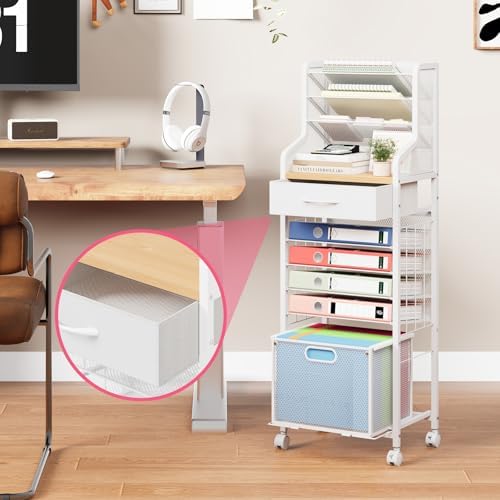 SWTYMIKI 10-Tier Rolling File Cart - Mesh Paper Organizer with Drawer and Hanging File Folders on Lockable Wheels, Rolling File Cabinet for Office Organization, Storage in Home, Studio, School, White - Image 4