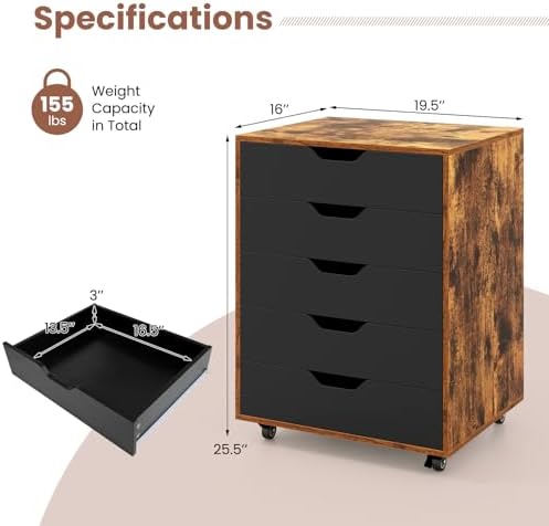 Byroce 5-Drawer Storage Cabinet with Wheels, Mobile Office Cabinet, Coffee - Image 3