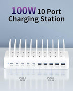 100W Charging Station for Multiple Devices, 10-Port USB Fast Charger, White - Image 2