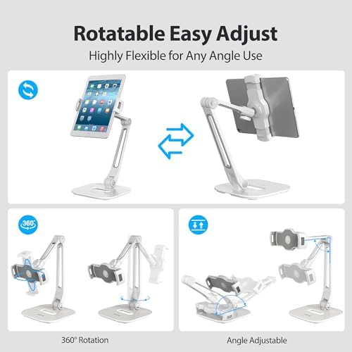 AboveTEK Multi-Angle Adjustable Tablet Stand, 360 Swivel iPad Stand Aluminum Desk Mount Fits 4'-11" Tablets White - Image 6