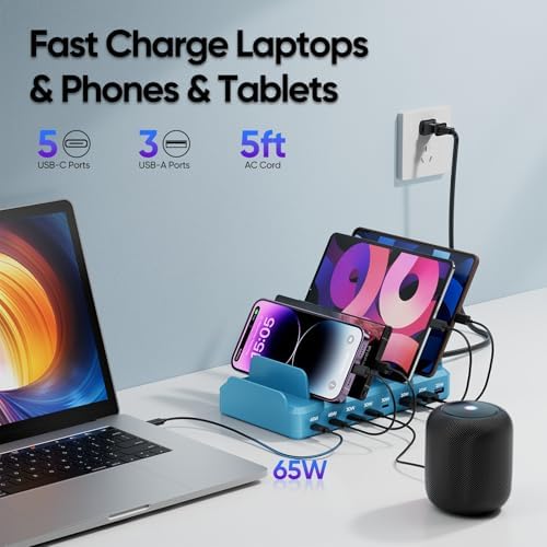 300W Charging Station for Multiple Devices, 8 Port Multi USB C Fast Charger Station Dock for MacBook iPhone 16/15/14/13/12 Samsung Pixel Series iPad, Blue (6 Mixed Short Cables Included) - Image 2