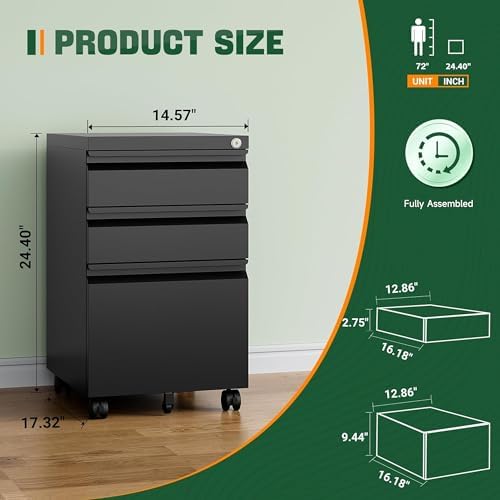 Letaya 3 Drawer Mobile File Cabinet with Lock,Under Desk Metal Filing Cabinets for Home Office Organizer Letters/Legal/A4((Fully Assembled-Black) (Pack of 2) - Image 2