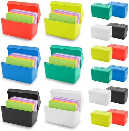 12 Pack 3x5 Index Card Boxes, Plastic Card Holders, Business Cards Organizers, Recipe Box, Notecard Organizer, Flash Cards Holder Box for Study Office Kitchen, 6 Bright Colors by ELFULLY