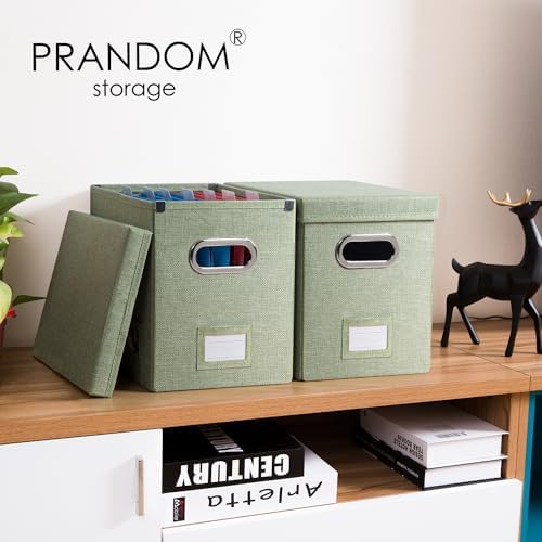 PRANDOM File Organizer Box - Set of 2 Collapsible Decorative Linen Filing Storage Hanging File Folders with Lids Office Cabinet Letter Size Green (14x9.3x10.8 inch) - Image 2