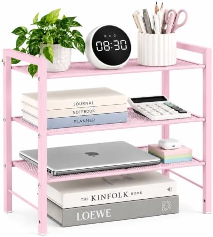 Desktop Shelf Organizer, 3-Tier Office Storage Rack, Adjustable Metal Bookshelf for Top of Desk, Pink Desk Organizer for Office, Home, Dorm and Small Spaces (Pink) by HOME