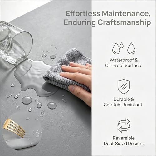 Leather Desk Pad Protector, Mouse Pad, Office Desk Mat, Non-Slip PU Leather Desk Blotter, Laptop Desk Pad, Waterproof Desk Writing Pad for Office Work/Home/Decor (15.5“ x 47”, Gray) - Image 4