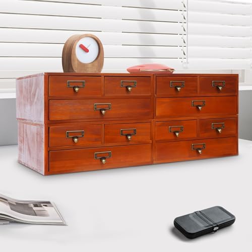 Wooden Desktop Organizer, Desktop Organizer With Drawers, Wooden Storage Drawers For Tabletop, 12 Drawer Desk Storage Cabinet For Office Home Study Room, Pine Wood Structure, Brown Finish, 4 Piece Set - Image 2