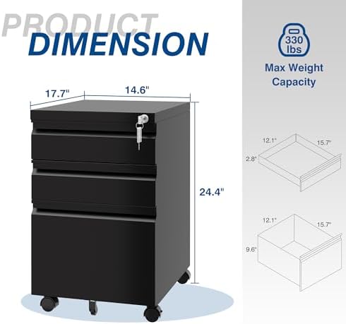 Fesbos 3 Drawer Vertical File Cabinet, Black Mobile Filling Cabinet with Lock for Legal/Letter Size, Pre-Built Office Storage File Cabinet with Wheels Under Desk - Fully Assembled - Image 3