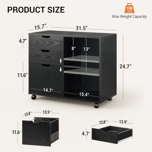 DEVAISE 3 Drawer Wood File Cabinet, Rolling Filing Cabinet with Open Storage Shelf, Printer Stand for Home Office Storage and Organization, Fits Letter/A4 Files (Black, Recessed Pull) - Image 3