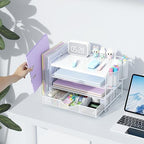 gianotter Wood Desk Organizers and Accessories with File Holder, 4-Tier Desk Accessories & Workspace Organizers with Drawer and 2 Pen Holder, Desk Reference Organizer (White, 4T with Metal Drawer) - Image 6