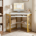 VECELO Corner Desk, Triangle Computer Desk for Small Space with Charging Station and Keyboard Tray, Corner Makeup Table with Storage Shelves for Home Office Bedroom, 41x30, Gold - Image 2