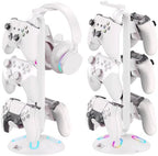 RGB Headphone Stand and Controller Holder With 9 Light Modes - 2 USB Charging Ports, 3.5mm & Type-C - Hanger Accessories for Desk and Gamer (White) by ArtandGame