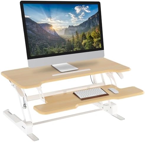 Mount-It! Height Adjustable Standing Desk Converter, 38” Wide, Desk Riser for 2 Monitors, Manual Gas Spring Sit Stand Desktop Raises to 16.9", Fits Two Monitor Screens with Keyboard Mouse Tray Maple by Mount-It