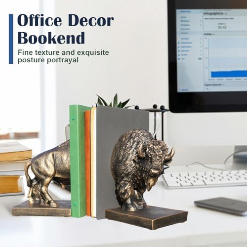 Decorative Bookends, Art Book Ends for Heavy Books, Heavy Bookends for Shelves, Vintage Non-Slip Base Book Holder, Resin Book Stopper for Home Office Decor (Copper Buffalo) - Image 7