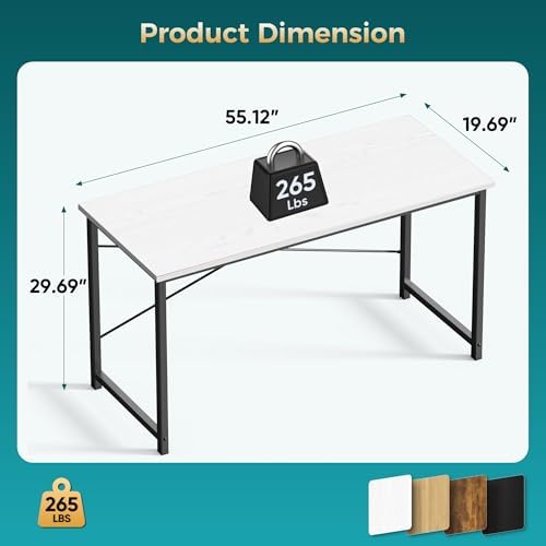 OLIXIS 55 Inch Computer Office Desk for Small Spaces, Writing Gaming Work Desk Modern Study Table with Metal Frame Home Bedroom, White - Image 3