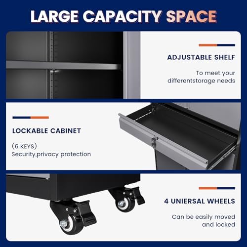 Yizosh Metal Garage Storage Cabinet with Locking Doors and Adjustable Shelves, -73" Steel Rolling Tool Storage Cabinet with 4 Wheels and 1 Drawer for Garage,Office,Warehouse - Image 4