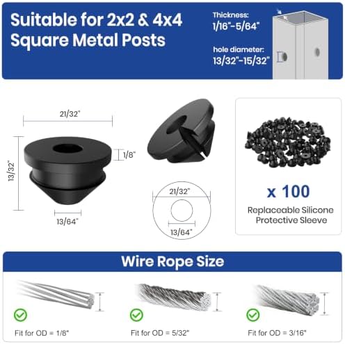 BLIKA 100 Pack Cable Railing Rubber Grommets for 1/8" 5/32" 3/16" Cables for Metal Cable Railing Posts, 1/8" Cable Railing Grommet, Cable Railing Protective Sleeves for Metal Posts, BL10-L - Image 2
