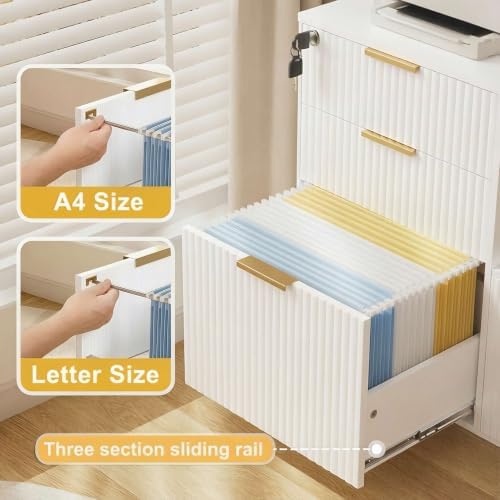 INNOD 3 Drawer Fluted Mobile Filing Cabinet with Lock, Lateral Rolling Under Desk File Cabinet, Wooden Printer Stand Table for Home Office Essentials Storage Organization Furniture Letters/A4(White) - Image 3