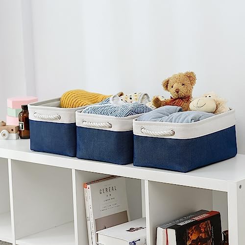 TheWarmHome Storage Basket for Organizing - Medium 3 Pack 14x10x7 inch Fabric Storage Cubes for Shelves with Rope, Collapsible Storage Bin for Organizer Closet Cloth Gift Toy (White & Jean Blue) - Image 2