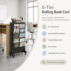 6-Tier Rolling Bookshelf Magazine Rack with Wheels Black - Image 4