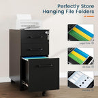 MIIIKO File Cabinet 3 Drawers on Wheels Under Desk, Black Metal File Cabinets with Lock for Home Office, Filing Cabinet with Lock(Un-Assembled) - Image 6