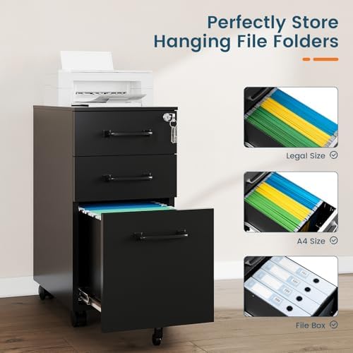 MIIIKO File Cabinet 3 Drawers on Wheels Under Desk, Black Metal File Cabinets with Lock for Home Office, Filing Cabinet with Lock(Un-Assembled) - Image 6