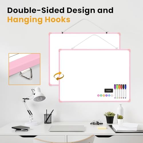 Dry Erase Board for Wall, 24" x 18" Double-Sided Hanging Magnetic Whiteboard with 6 Markers, 6 Magnets and 3 Mini Sticky Notes, Large White Board for School, Home, Office, Pink Frame - Image 4