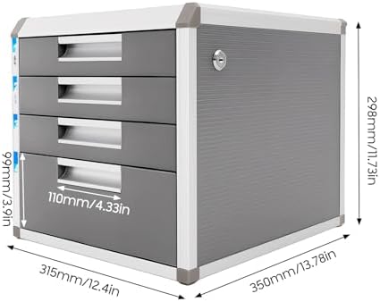 Desk Organizer with 4 Drawers, Metal Desktop Storage Cabinet File Holder with Locks and Keys, Filing Case Literature Organizer for Office Home, L12.4*D13.8*H11.7in, Silver & Grey - Image 2