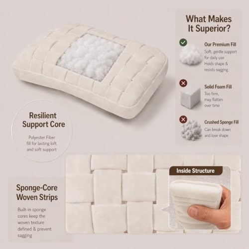 Lumbar Pillow Decorative Throw Pillow, Soft Velvet with Sponge-Filled 3D Woven Strips, Hand-Woven & High-Density Polyester Fiberfill Core, for Couch Bed Accent Chair Home Office(Warm Cream) - Image 3