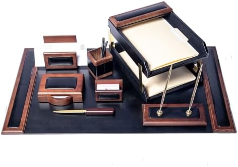 Dacasso Walnut and Black Leather Desk Set, 10-Piece, 34" x 20" by Dacasso