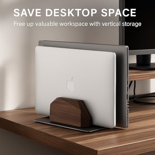 Walnut Vertical Laptop Stand, Dual Slot Wood Laptop Holder for Desk - Image 4