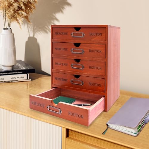 Vintage Wooden Drawers Organizer, 16-Drawer Desktop Storage Box With Drawers, Iron Label Holders, Apothecary Cabinet For Countertop Tea Coffee Pod Storage(5-Drawer/Brown) - Image 4