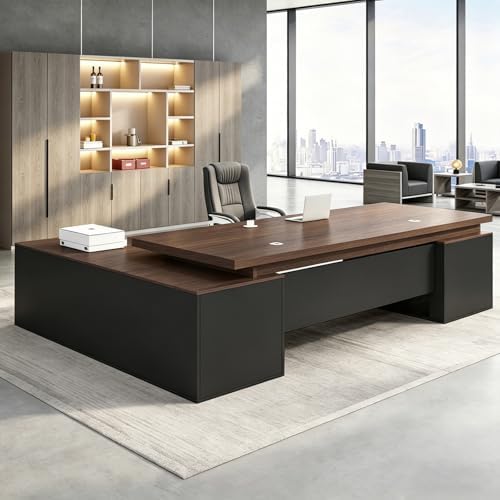 Executive Desk, L Shaped Executive Office Desk with Locking Drawer & File Cabinet, 1'' Thick Desktop, Large Office Desk with Storage, Modern Executive Computer Workstation for Home Office & Business by Unknown