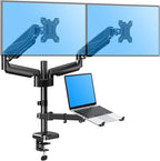 MOUNTUP Dual Monitor and Laptop Mount, Adjustable Monitor Stand for 2 Max 27" Computer Screens, Laptop Tray Fits 10-17inch Notebook, Holds 4.4-17.6lbs Per Arm, 3-in-1 Adjustable Monitor Desk Mount by MOUNTUP