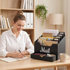 Rustic Wood Mail Organizer Countertop with Drawer, 4-Slot Removable Divider Mail Sorter, Black Desktop Mail Holder, Multi-Functional Bill File Stationary Organizer for Home Office Classroom - Image 3
