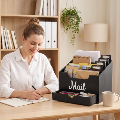 Rustic Wood Mail Organizer Countertop with Drawer, 4-Slot Removable Divider Mail Sorter, Black Desktop Mail Holder, Multi-Functional Bill File Stationary Organizer for Home Office Classroom - Image 3